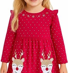 Toddler Girl Long Sleeve Dress Cotton Casual Jersey Shirt Playwear Applique Dress(redruffleelk)