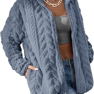 Winter Fleece Jacket for Women 2025 Zipper Stand Collar Casual Coats with Pockets (Grey)