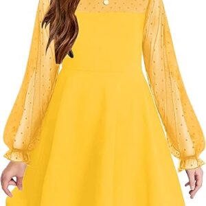 Girl's Contrast Mesh Puff Long Sleeve High Waist A Line Short Dress with Pockets(Yellow)