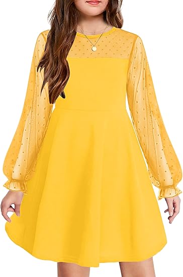 Girl's Contrast Mesh Puff Long Sleeve High Waist A Line Short Dress with Pockets(Yellow)