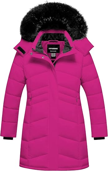 Winter Coats Kids Waterproof Long Puffer Jacket Thicken Fleece Lined Ski Parka with Detachable Fur Hooded (Pink)