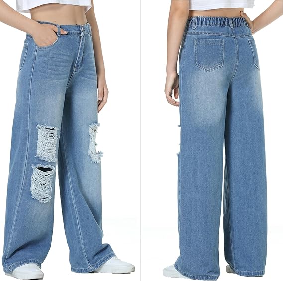 Girls Jeans Pants Wide Leg/Flare/Skinny Denim Pant Ripped High Waist Elastic Band Casual with Pockets (Pant 2) - Image 4