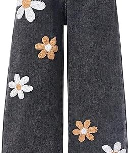 Girl's Floral Baggy Jeans Cute Wide Leg Denim Pants Elastic Waist Denim Jeans with Pockets (Grey)