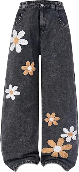Girl's Floral Baggy Jeans Cute Wide Leg Denim Pants Elastic Waist Denim Jeans with Pockets (Grey)