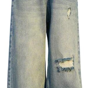 Kids Girls Elastic Waist Cool Ripped Jeans Washed Denim Wide Leg Ripped Denim Jean Age (Pant 3)