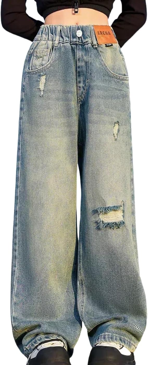 Kids Girls Elastic Waist Cool Ripped Jeans Washed Denim Wide Leg Ripped Denim Jean Age (Pant 3)