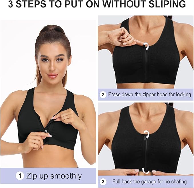 Women's Zip Front Sports Bra Wireless Post-Surgery Bra Active Yoga Sports Bras(Black+grey-2 Pack) - Image 4