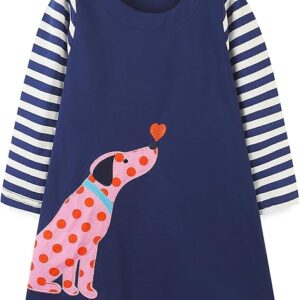 Toddler Girl's Long Sleeve Dresses( Navy Dog)