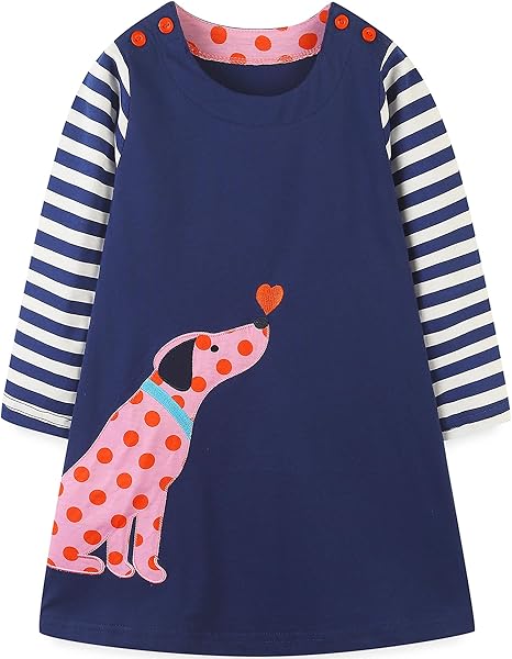 Toddler Girl's Long Sleeve Dresses( Navy Dog)