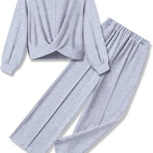 Girls 2 Piece Outfits Sweatsuit Set Twist Front Sweatshirt Wide Leg Sweatpants Tracksuit with Pockets(Light Grey)