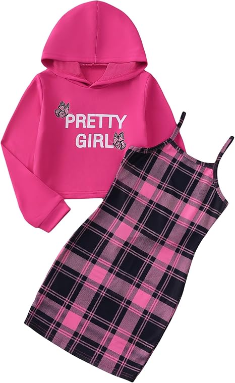 Girls 2 Piece Outfits Cami Dresses Hoodie Clothing Set Plaid Bodycon Dress Crop Top Sweatshirt Fall Winter Clothes(Red Rose)