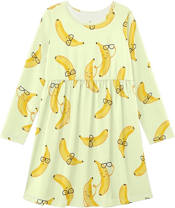 Girl Long Sleeve Dresses Ribbed A-Line Soft Fall Outfits for Girls(Bananas)