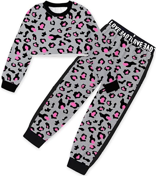 Girls 2 Piece Outfits Girls Cropped Sweatsuit Pants Outfit Clothes Set(Grey)