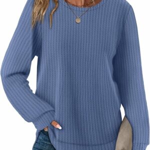 WIHOLL Tunic Tops for Women Loose Fit Dressy Waffle Knit Long Sleeve( Blue)