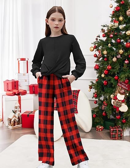 Girls 2 Piece Outfits Sweatsuit Set Twist Front Sweatshirt Wide Leg Sweatpants Tracksuit with Pockets(Black and red Plaid) - Image 4