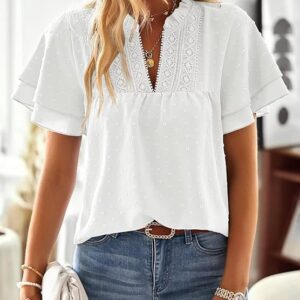 Womens Tops Butterfly Sleeve V Neck Blouses for Women(White)