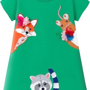Girls' Cotton Short Sleeve Dresses Cute Stripe Cartoon Patterned Casual Sundress(Green Fox Cat)