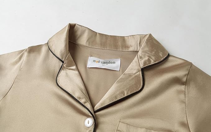 Mud Kingdom Little Girl Satin Silk Pajamas Set Short Sleeve Button Down 2 Piece Summer Loungewear(Apricoat) - Image 4