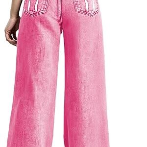 Girl's Bow Print Back Zipper Fly Elastic High Waist Denim Pants Basic Wide Leg Jeans (pant 4)