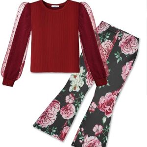 Toddler Girls 2 Piece Outfits Fall Clothes Knit Tulle Puff Sleeves Top and Flare Pants Set (Deep red Flower)