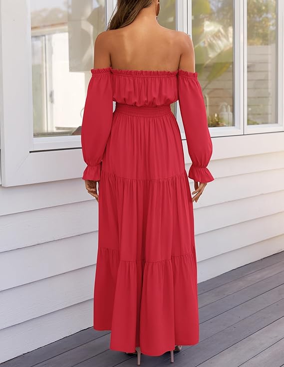 ZESICA Women's Boho Sexy Off Shoulder Long Sleeve Long Maxi Dress(Cherry) - Image 2