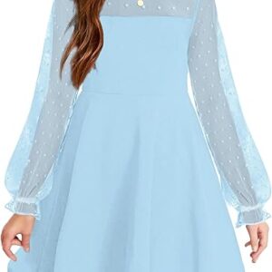 Girl's Contrast Mesh Puff Long Sleeve High Waist A Line Short Dress with Pockets(Light Blue)