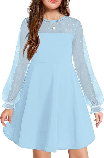 Girl's Contrast Mesh Puff Long Sleeve High Waist A Line Short Dress with Pockets(Light Blue)