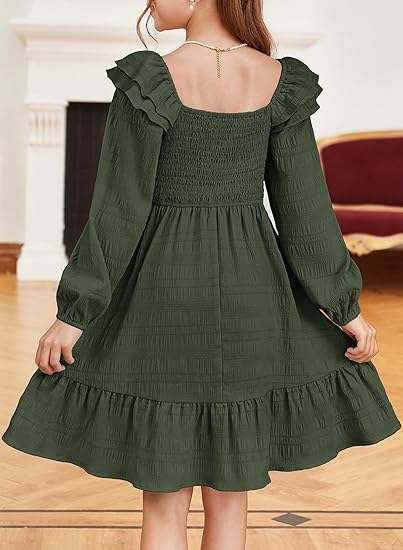 Dresses with Tiered Ruffle Long Sleeve and Side Pockets, Smocked Fall Spring Dress (green) - Image 4