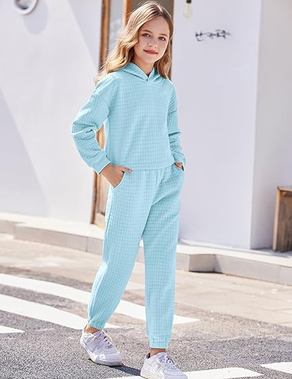 Girls 2 Piece Outfit Waffle Knit Pullover Hooded Sweatshirt and Sweatpants Clothing Sets Long Sleeve Tracksuits(Light Blue) - Image 3