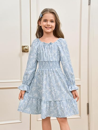 Girls Fall Long Sleeve Floral Dresses Kids Square Neck Smocked Holiday Party Dress(Light Blue) - Image 3