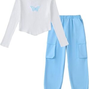 Teen Girls Trendy Preppy Clothes Fall Winter Outfits Long Sleeve Crop Top Cargo Pants Clothing Set (Blue)