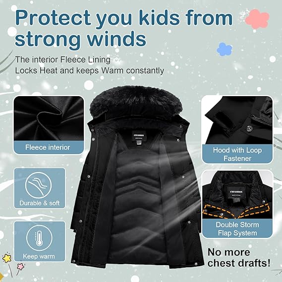 Winter Coats Kids Waterproof Long Puffer Jacket Thicken Fleece Lined Ski Parka with Detachable Fur Hooded - Image 4