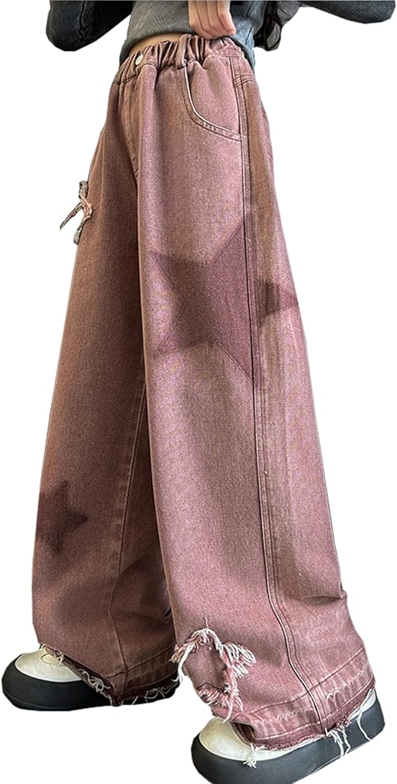 Kids Girls Jeans Distressed Elastic Waist Baggy Denim Wide Leg Pants Trousers (Pant 5) - Image 4