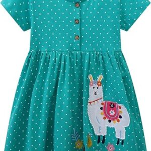 Girls Cartoon Appliques Dress Cotton Summer Short Sleeve Dresses Casual Jersey Skirt(Alpaca Green)