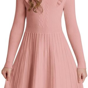 Girls Sweater Dress Fall Winter Long Sleeve Cable Knit Pullover Dresses(Pink)