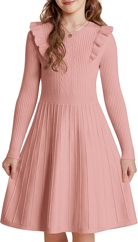 Girls Sweater Dress Fall Winter Long Sleeve Cable Knit Pullover Dresses(Pink)