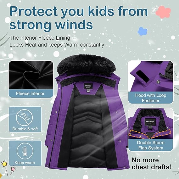 Winter Coats Kids Waterproof Long Puffer Jacket Thicken Fleece Lined Ski Parka with Detachable Fur Hooded (Purple) - Image 4
