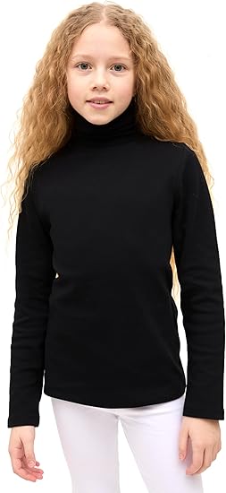 Girls' Basic Long Sleeve Turtleneck Cotton T-Shirt(Black)