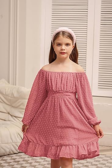 Girls Ruffle Tiered Dress Long Sleeve Swiss Dot Flowy A-Line Dress (Ravial Pink) - Image 3