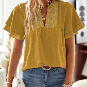 Womens Tops Butterfly Sleeve V Neck Blouses for Women( Yellow)