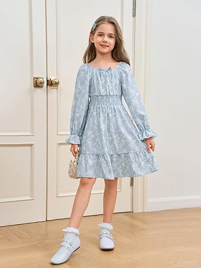 Girls Fall Long Sleeve Floral Dresses Kids Square Neck Smocked Holiday Party Dress(Light Blue) - Image 5