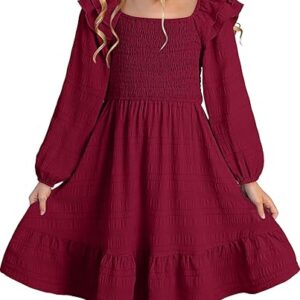 Dresses with Tiered Ruffle Long Sleeve and Side Pockets, Smocked Fall Spring Dress (Red)