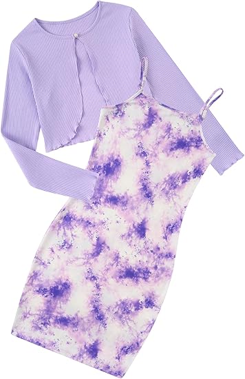 Girls Dresses Fall Outfits 2 Piece Floral Sleeveless Cute Dress and Cardigan(Purple)