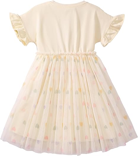 Toddler Girl Cotton Casual Dress Cartoon Appliques Short Sleeve Tunic Jersey Clothing(Apricot&rainbow) - Image 3