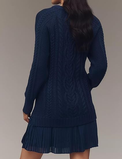 Women Cable Knit Sweater Dress Crewneck Long Sleeve Pleated Mini Dress(Navy) - Image 4