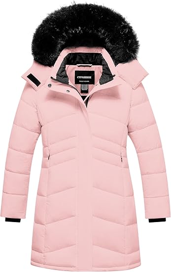Winter Coats Kids Waterproof Long Puffer Jacket Thicken Fleece Lined Ski Parka with Detachable Fur Hooded (Pink)