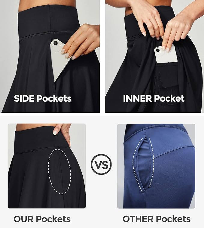 IUGA 20" Knee Length Skorts Skirts for Women with Pockets Tennis Skirt (Black) - Image 3