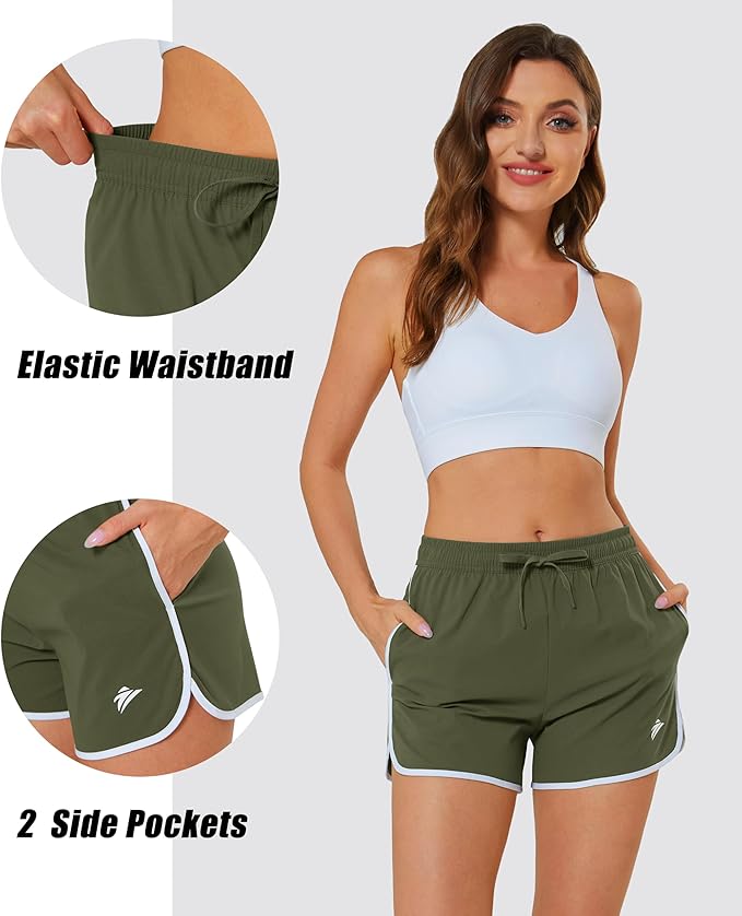 MAGCOMSEN Women's Athletic Shorts with Pockets Quick Dry Lightweight 3.5" Running Gym Workout Shorts Hiking Sport( Army Green) - Image 4