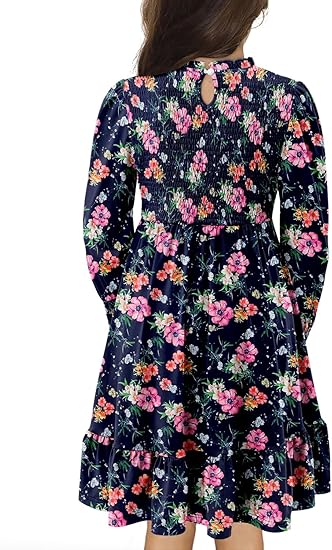 Girls Smocked Dress Casual Puff Long Sleeve Ruffle Neck Dresses (Navy Pink) - Image 4