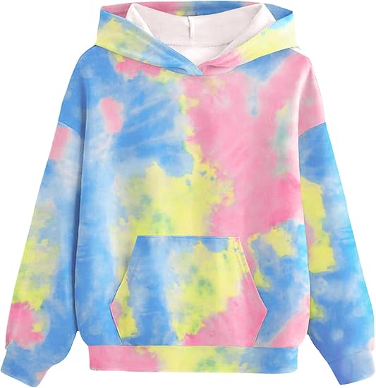 Girls Tie Dye Sweatshirts Loose Casual Hoodies Long Sleeve Pullover Hooded Tops With Pockets (Mix 2)